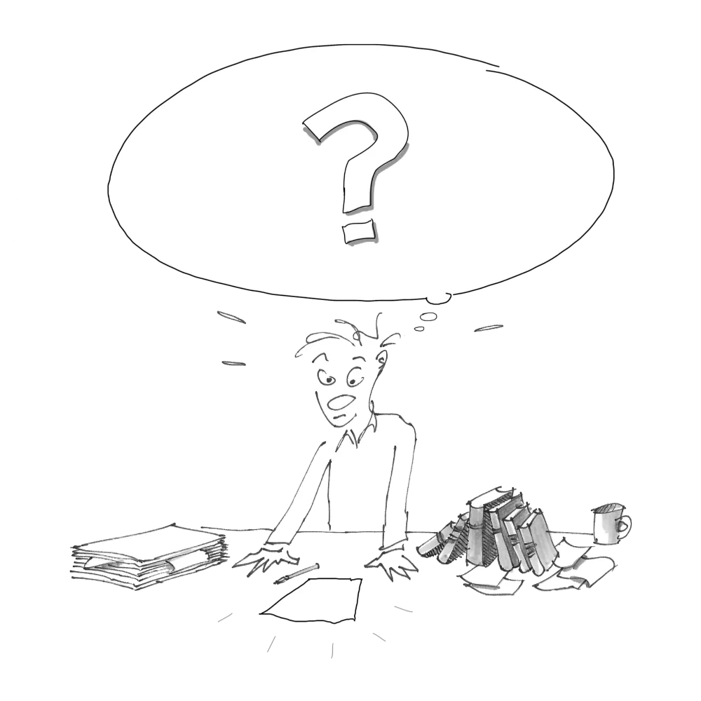 Cartoon: Mann mit Fragezeichen am Schreibtisch